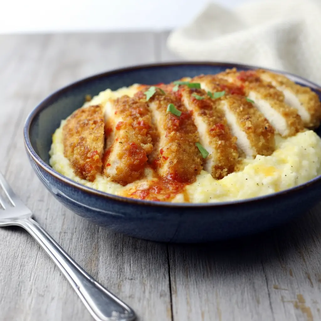 Chicken and Cheesy Grits served in a bowl with golden Cajun pan-fried chicken over creamy cheddar grits, finished with hot sauce, perfect for Dinner Recipes For Family Comfort Foods and cozy weeknight meals.
