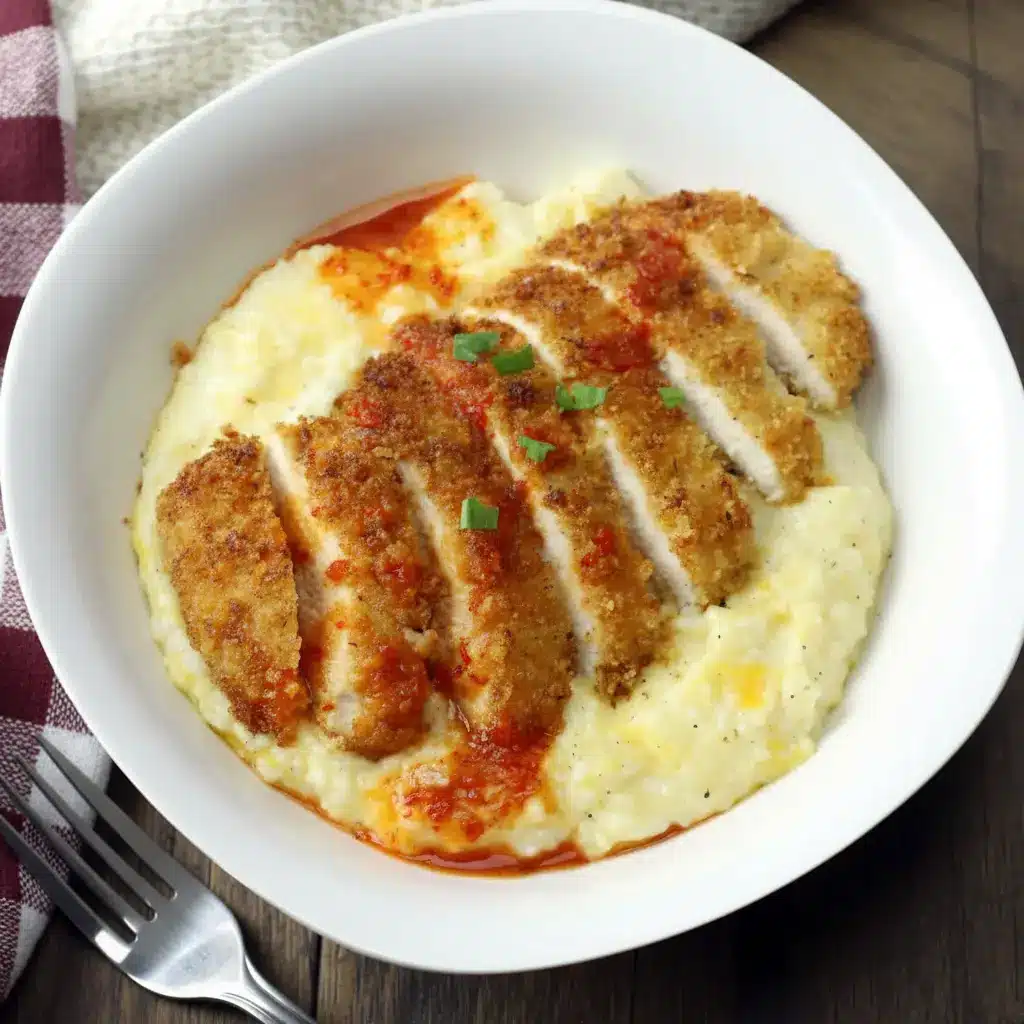Chicken and Cheesy Grits served in a bowl with golden Cajun pan-fried chicken over creamy cheddar grits, finished with hot sauce, perfect for Dinner Recipes For Family Comfort Foods and cozy weeknight meals.