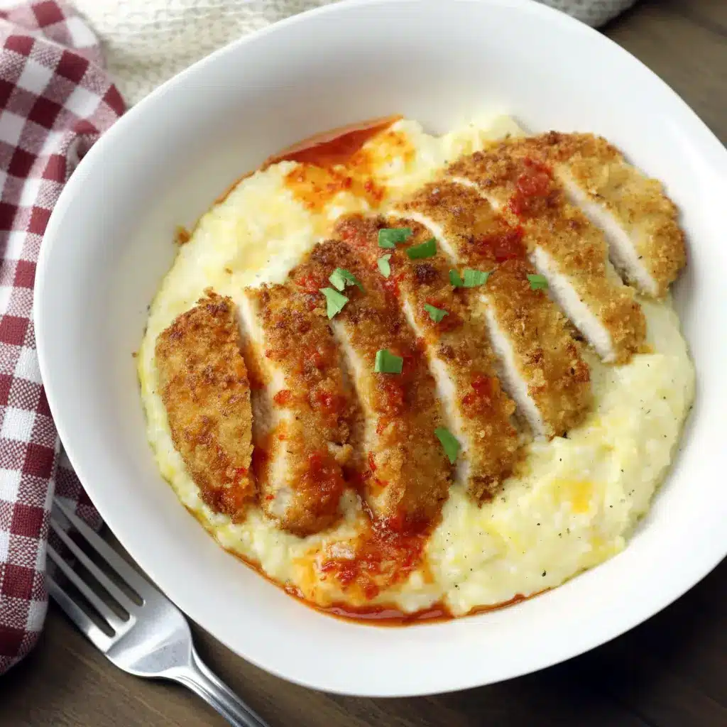 Chicken and Cheesy Grits served in a bowl with golden Cajun pan-fried chicken over creamy cheddar grits, finished with hot sauce, perfect for Dinner Recipes For Family Comfort Foods and cozy weeknight meals.