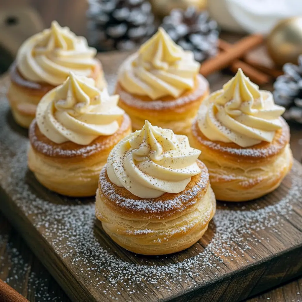 Golden cream puffs dusted with powdered sugar and filled with spiced eggnog cream, showcasing indulgent Cream Puff Fillings as a stunning Puff Pastry Holiday Dessert. A beautiful addition to Winter Sweet Treats, cozy Dessert Recipes Winter, and crowd-pleasing Christmas Potluck Dessert Ideas for holiday gatherings.
