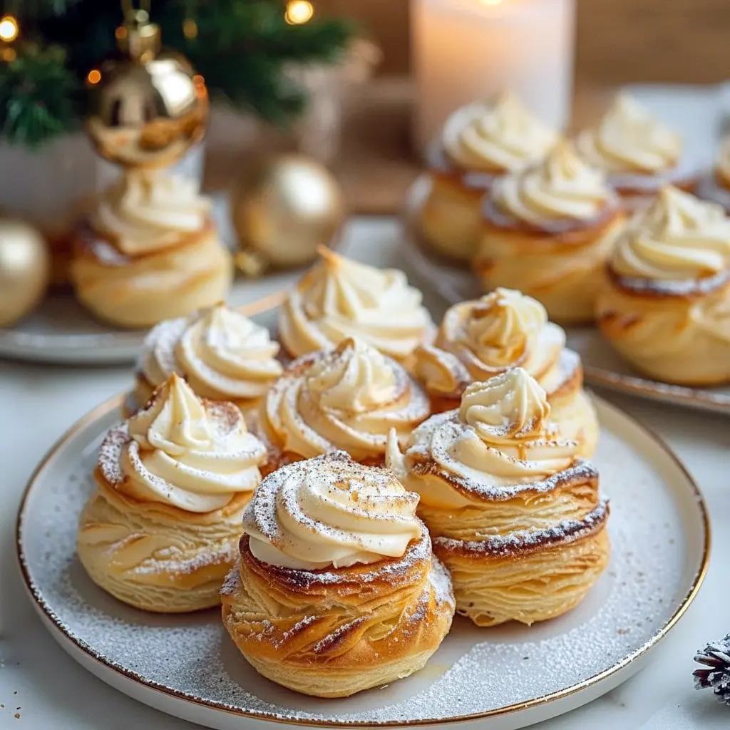 Golden cream puffs dusted with powdered sugar and filled with spiced eggnog cream, showcasing indulgent Cream Puff Fillings as a stunning Puff Pastry Holiday Dessert. A beautiful addition to Winter Sweet Treats, cozy Dessert Recipes Winter, and crowd-pleasing Christmas Potluck Dessert Ideas for holiday gatherings.