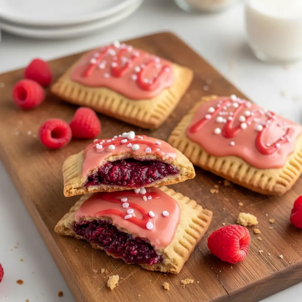 Gluten-free raspberry protein pop tarts topped with pink frosting, served on a baking tray as Healthy Snacks Gluten Free, ideal for High Protein Low Sugar Snacks, made with almond flour for High Protein Gluten Free eating and perfect as easy Gluten Free Protein Snacks.