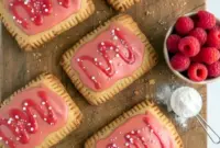 Gluten-free raspberry protein pop tarts topped with pink frosting, served on a baking tray as Healthy Snacks Gluten Free, ideal for High Protein Low Sugar Snacks, made with almond flour for High Protein Gluten Free eating and perfect as easy Gluten Free Protein Snacks.