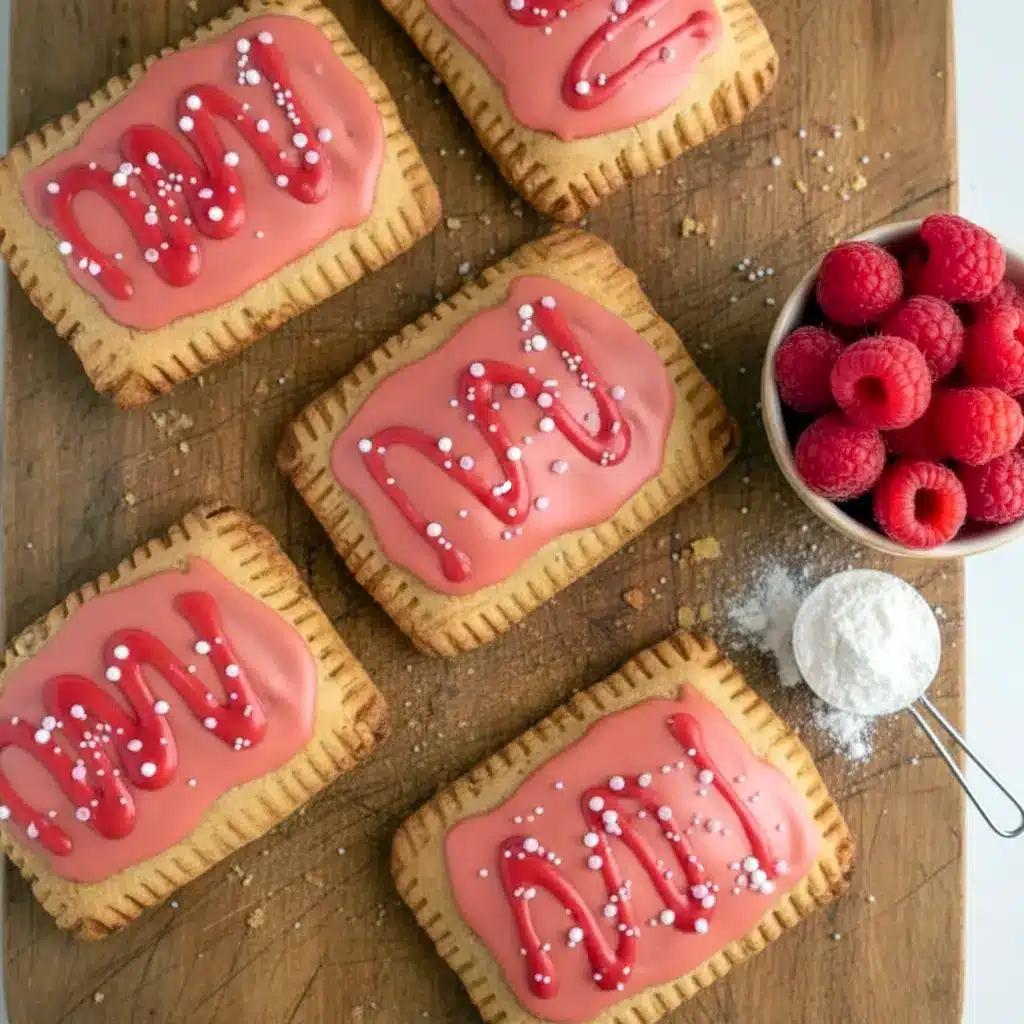 Gluten-free raspberry protein pop tarts topped with pink frosting, served on a baking tray as Healthy Snacks Gluten Free, ideal for High Protein Low Sugar Snacks, made with almond flour for High Protein Gluten Free eating and perfect as easy Gluten Free Protein Snacks.
