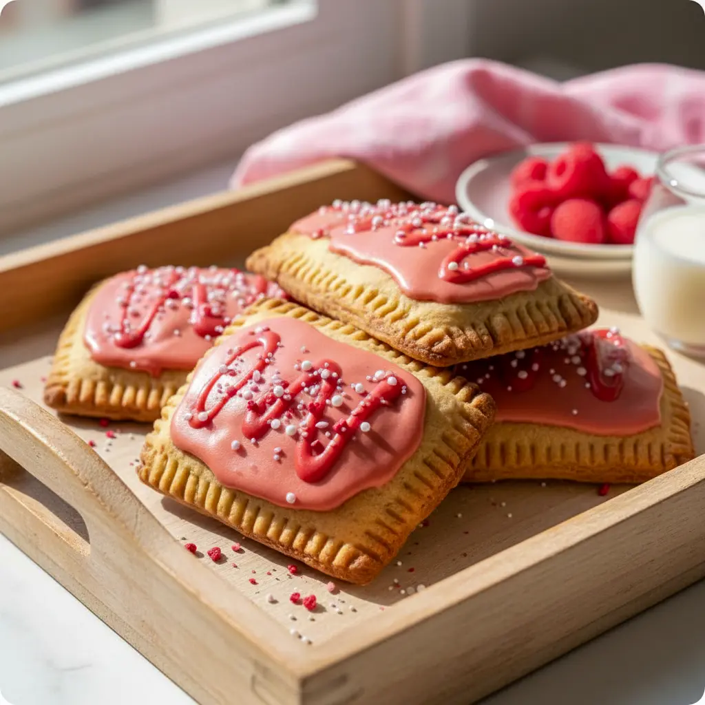 Gluten-free raspberry protein pop tarts topped with pink frosting, served on a baking tray as Healthy Snacks Gluten Free, ideal for High Protein Low Sugar Snacks, made with almond flour for High Protein Gluten Free eating and perfect as easy Gluten Free Protein Snacks.