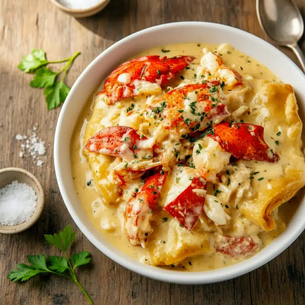 Golden baked lobster pot pie fresh from the oven, featuring a flaky crust and creamy seafood filling, served as an elegant Seafood Recipe with classic Seafood Side Dishes, showcasing a comforting Seafood Pot Pie Recipe ideal for special occasions and cozy family dinners, one of the most indulgent Lobster Pot Pies you can make at home.