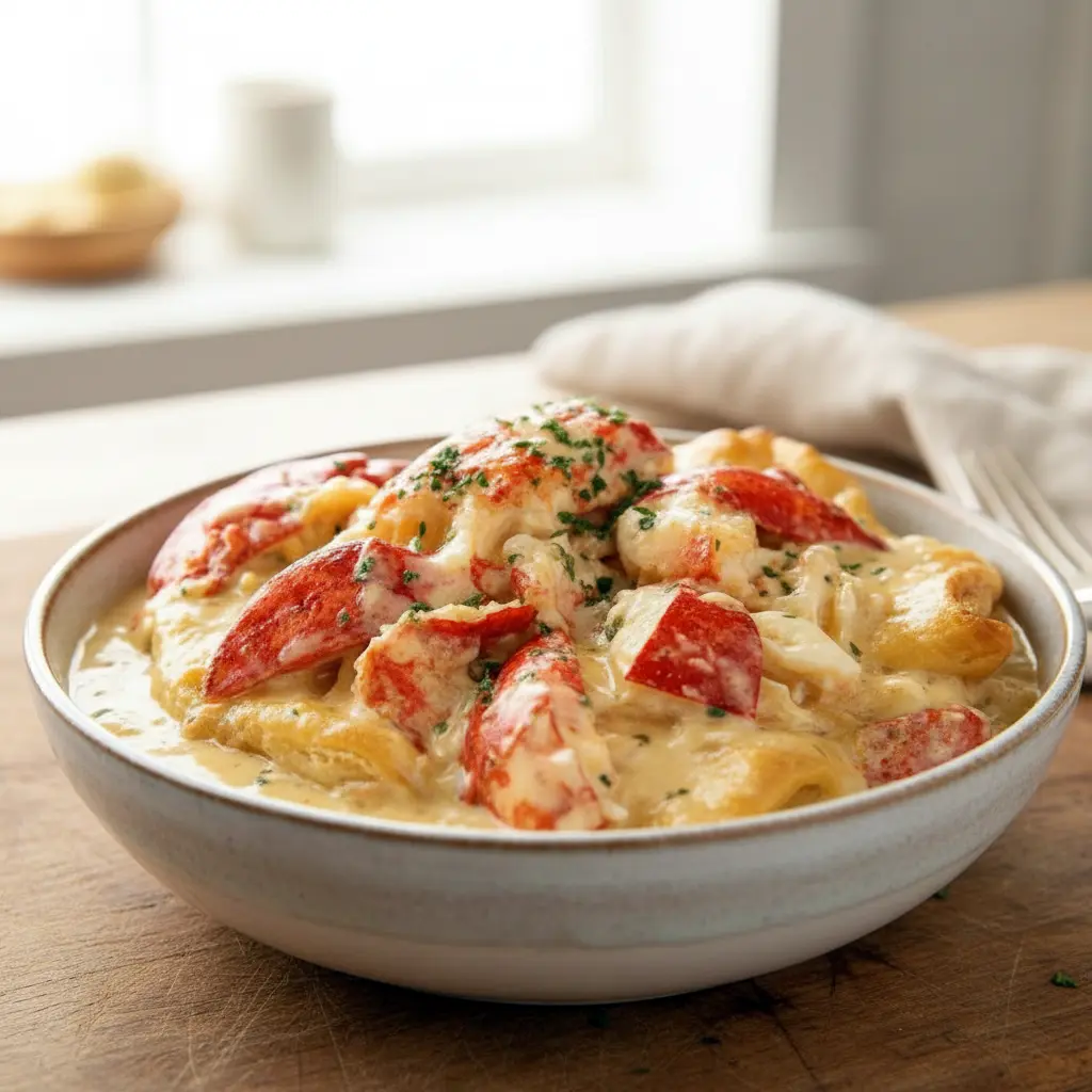 Golden baked lobster pot pie fresh from the oven, featuring a flaky crust and creamy seafood filling, served as an elegant Seafood Recipe with classic Seafood Side Dishes, showcasing a comforting Seafood Pot Pie Recipe ideal for special occasions and cozy family dinners, one of the most indulgent Lobster Pot Pies you can make at home.