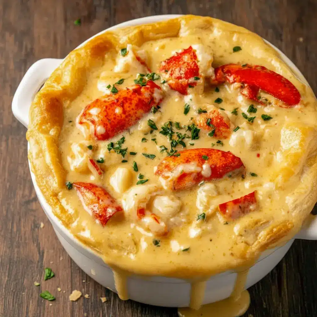 Golden baked lobster pot pie fresh from the oven, featuring a flaky crust and creamy seafood filling, served as an elegant Seafood Recipe with classic Seafood Side Dishes, showcasing a comforting Seafood Pot Pie Recipe ideal for special occasions and cozy family dinners, one of the most indulgent Lobster Pot Pies you can make at home.