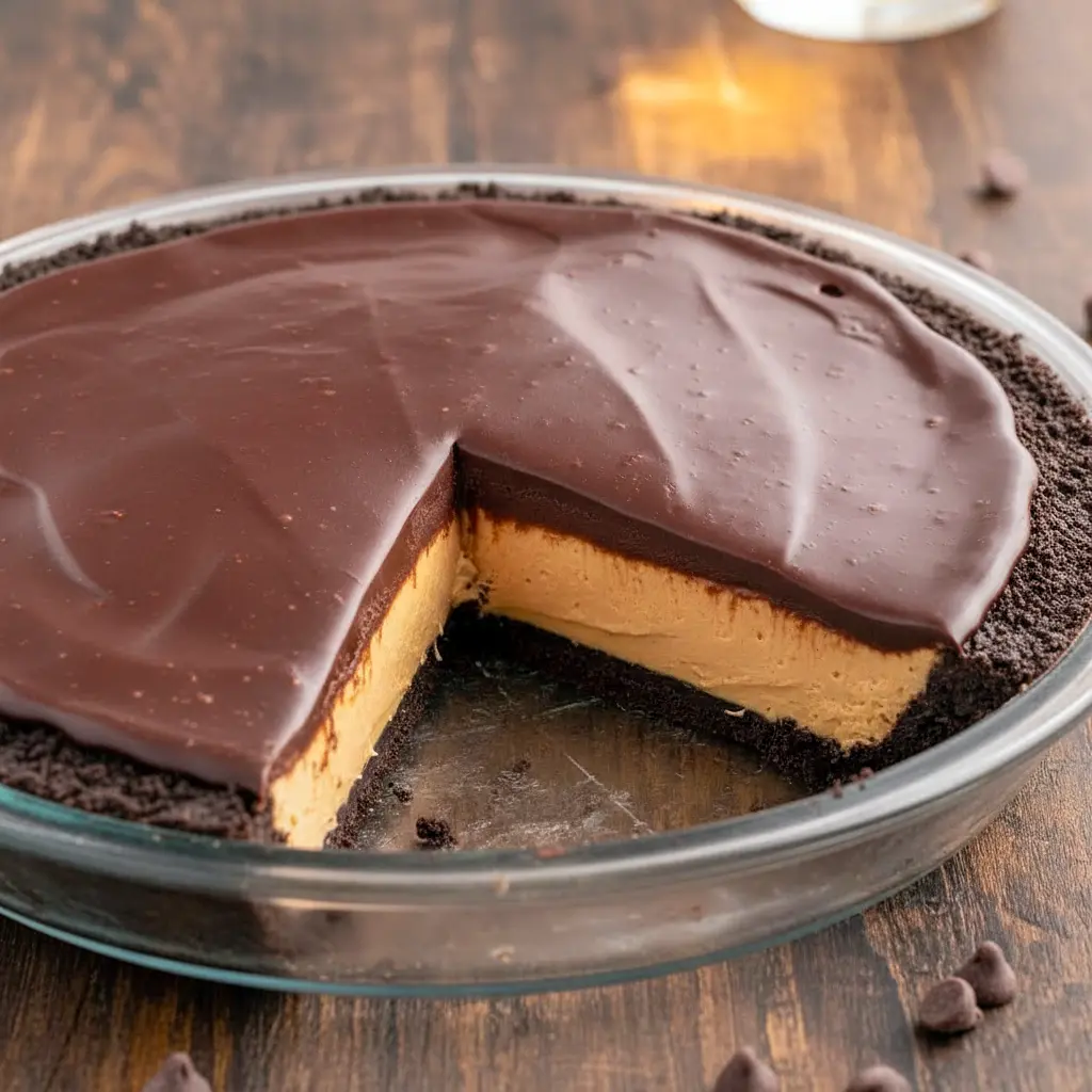 Slice of Peanut Butter Pie With Chocolate Ganache featuring a creamy Skrewball peanut butter filling, Oreo crust, and a rich Peanut Butter Pie With Chocolate Ganache Topping perfect for fans of bold Peanut Butter Skrewball Recipes.