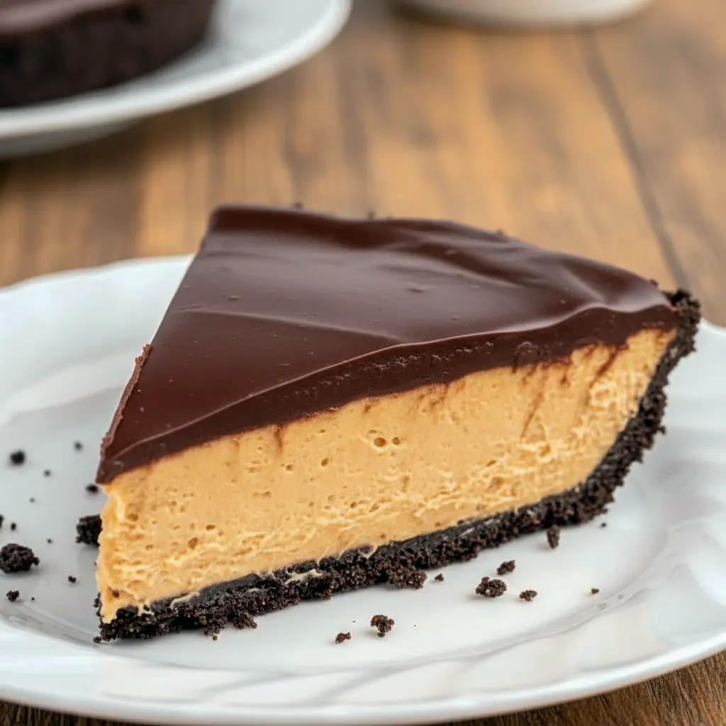 Slice of Peanut Butter Pie With Chocolate Ganache featuring a creamy Skrewball peanut butter filling, Oreo crust, and a rich Peanut Butter Pie With Chocolate Ganache Topping perfect for fans of bold Peanut Butter Skrewball Recipes.
