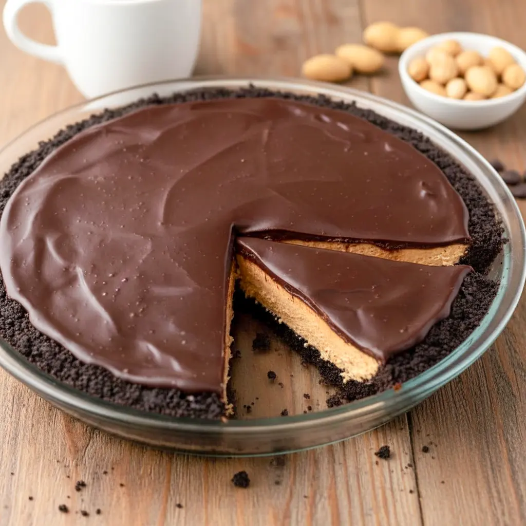 Slice of Peanut Butter Pie With Chocolate Ganache featuring a creamy Skrewball peanut butter filling, Oreo crust, and a rich Peanut Butter Pie With Chocolate Ganache Topping perfect for fans of bold Peanut Butter Skrewball Recipes.