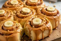 Freshly baked cinnamon rolls topped with peanut butter glaze, styled as Vegan Peanut Butter Banana Cinnamon Rolls, served warm and golden. A homemade alternative to Boxed Cinnamon Rolls, showcasing a soft Peanut Butter Pastry with banana slices, perfect for learning How To Make Peanut Butter Cinnamon Rolls at home.