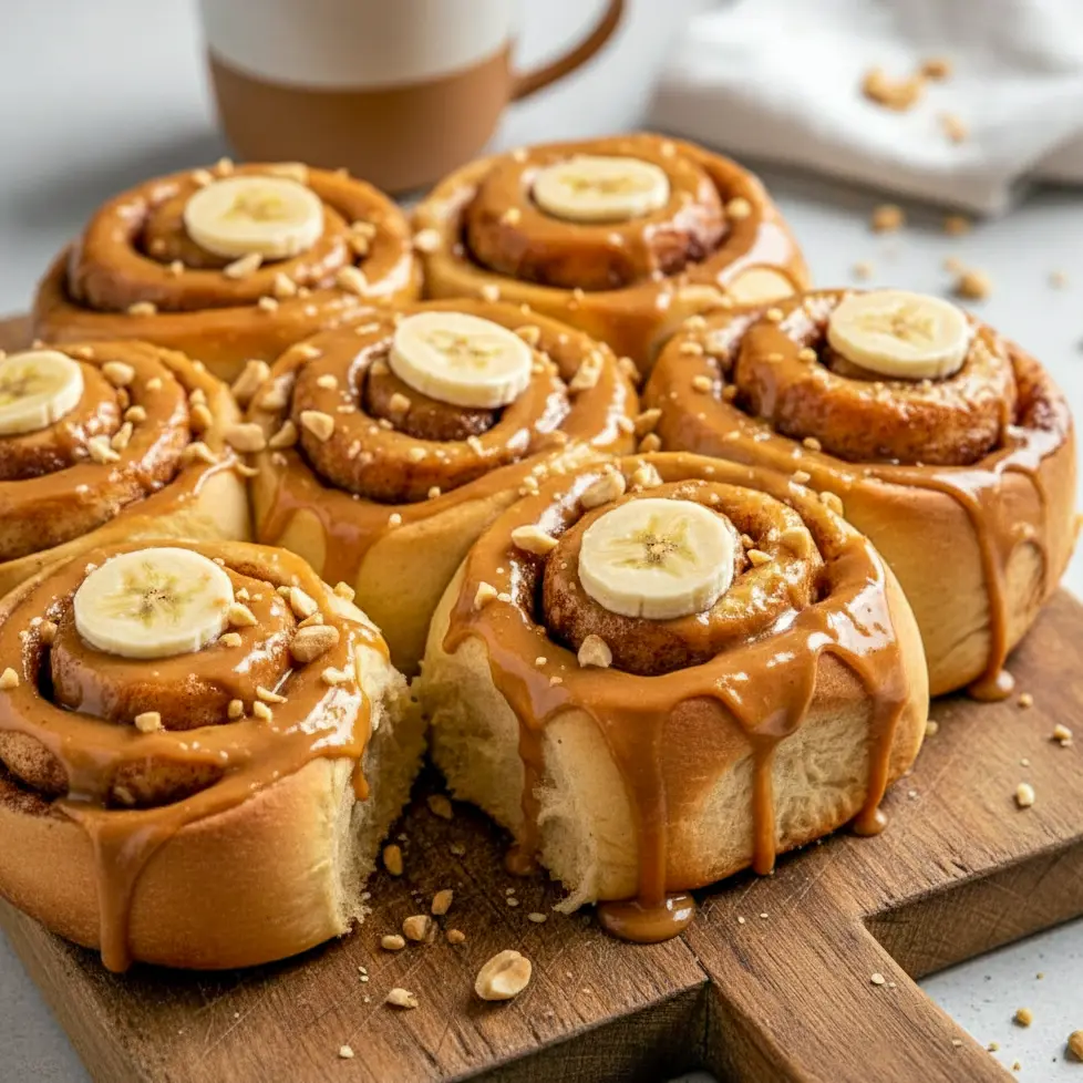 Freshly baked cinnamon rolls topped with peanut butter glaze, styled as Vegan Peanut Butter Banana Cinnamon Rolls, served warm and golden. A homemade alternative to Boxed Cinnamon Rolls, showcasing a soft Peanut Butter Pastry with banana slices, perfect for learning How To Make Peanut Butter Cinnamon Rolls at home.