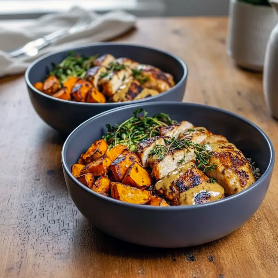 Bowl of maple Dijon chicken served with caramelized sweet potatoes, showcasing Yummy Healthy Dinner Ideas and flavorful Recipes With Roasted Sweet Potatoes for a balanced homemade meal.