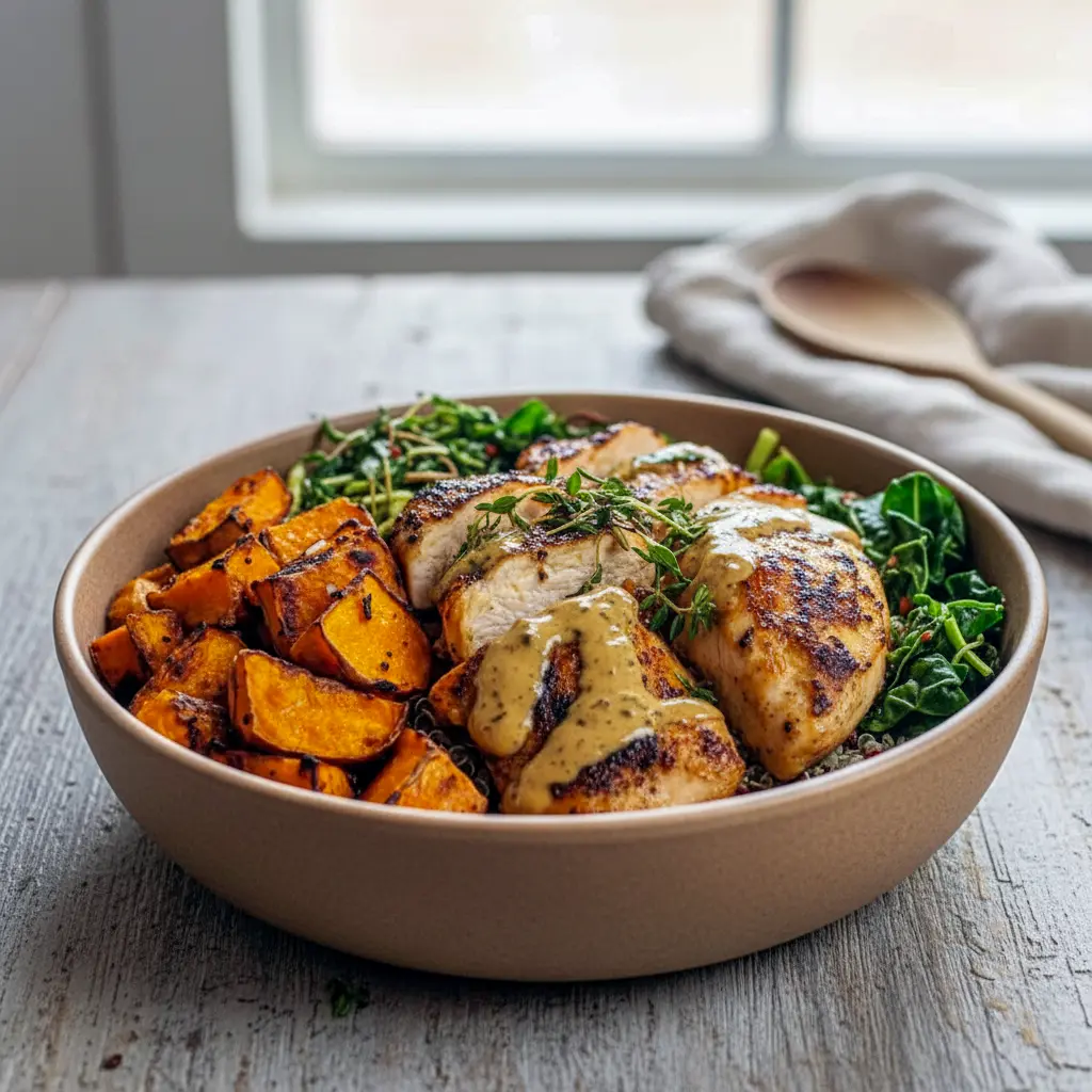 Bowl of maple Dijon chicken served with caramelized sweet potatoes, showcasing Yummy Healthy Dinner Ideas and flavorful Recipes With Roasted Sweet Potatoes for a balanced homemade meal.