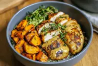 Bowl of maple Dijon chicken served with caramelized sweet potatoes, showcasing Yummy Healthy Dinner Ideas and flavorful Recipes With Roasted Sweet Potatoes for a balanced homemade meal.