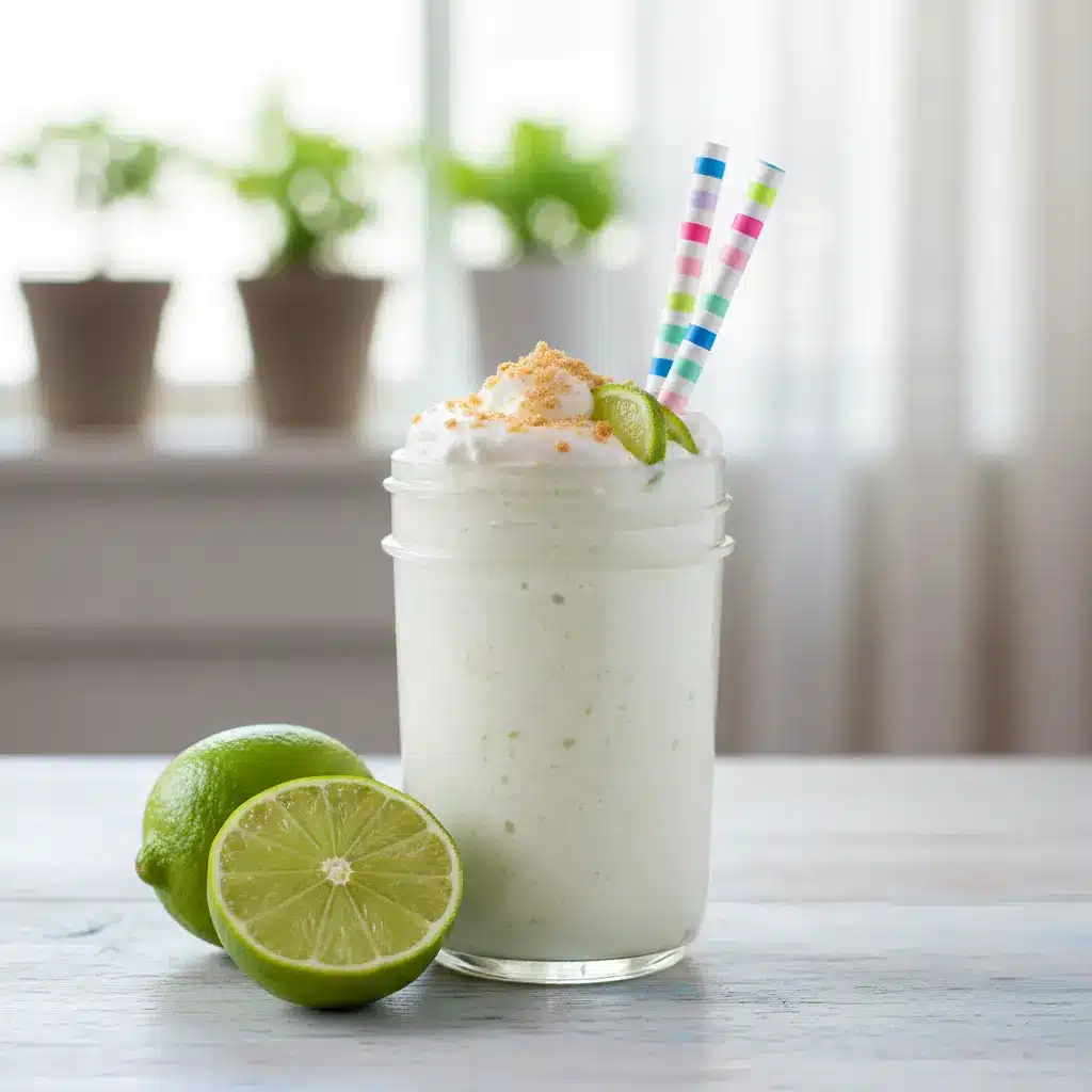 Glass of Key Lime Pie Protein Smoothie topped with graham cracker crumbs, showing a creamy citrus drink that tastes like dessert but works as a healthy protein smoothie.