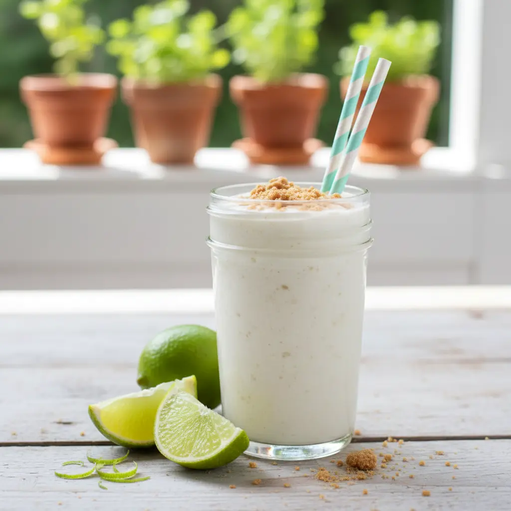 Glass of Key Lime Pie Protein Smoothie topped with graham cracker crumbs, showing a creamy citrus drink that tastes like dessert but works as a healthy protein smoothie.
