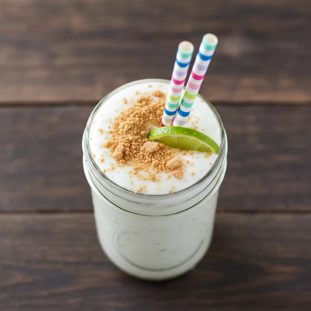 Glass of Key Lime Pie Protein Smoothie topped with graham cracker crumbs, showing a creamy citrus drink that tastes like dessert but works as a healthy protein smoothie.