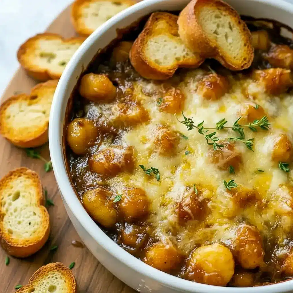 Golden baked French onion gnocchi fresh from the oven, inspired by Gnocchi Slow Cooker Recipes, featuring caramelized onions, bubbling cheese, and tender gnocchi in a cozy Gnocchi Gratin skillet — a comforting answer to What To Make With Gnocchi.