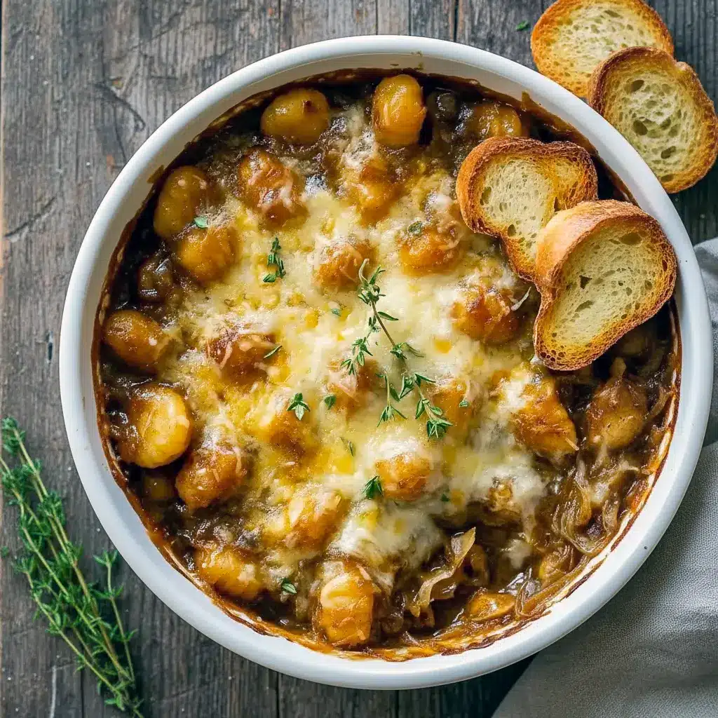 Golden baked French onion gnocchi fresh from the oven, inspired by Gnocchi Slow Cooker Recipes, featuring caramelized onions, bubbling cheese, and tender gnocchi in a cozy Gnocchi Gratin skillet — a comforting answer to What To Make With Gnocchi.
