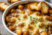 Golden baked French onion gnocchi fresh from the oven, inspired by Gnocchi Slow Cooker Recipes, featuring caramelized onions, bubbling cheese, and tender gnocchi in a cozy Gnocchi Gratin skillet — a comforting answer to What To Make With Gnocchi.