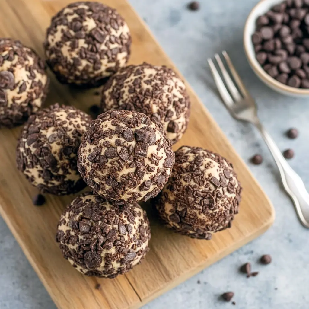 Plate of chilled Cheesecake Fat Balls Keto coated in chocolate crumbs, showing their creamy center — a rich, poppable keto snack inspired by a classic Keto Cream Cheese Fat Bomb.