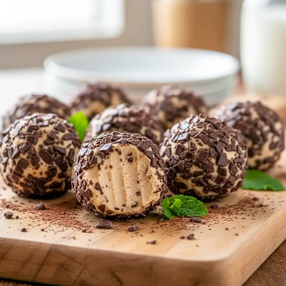 Plate of chilled Cheesecake Fat Balls Keto coated in chocolate crumbs, showing their creamy center — a rich, poppable keto snack inspired by a classic Keto Cream Cheese Fat Bomb.
