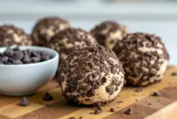 Plate of chilled Cheesecake Fat Balls Keto coated in chocolate crumbs, showing their creamy center — a rich, poppable keto snack inspired by a classic Keto Cream Cheese Fat Bomb.
