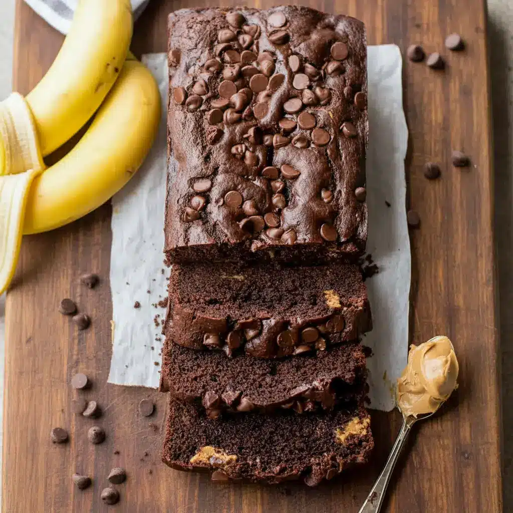 Thick slices of Chocolate Peanut Butter Banana Loaf with visible chocolate chips and peanut butter swirls, showcasing a moist crumb and rich cocoa color—an irresistible Banana Bread With Peanut Butter And Cocoa fresh from the loaf pan.