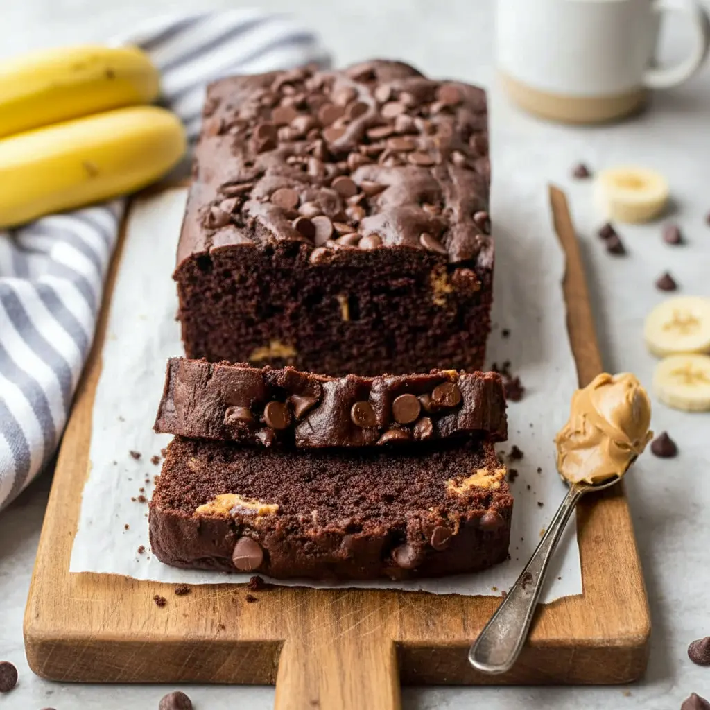 Thick slices of Chocolate Peanut Butter Banana Loaf with visible chocolate chips and peanut butter swirls, showcasing a moist crumb and rich cocoa color—an irresistible Banana Bread With Peanut Butter And Cocoa fresh from the loaf pan.