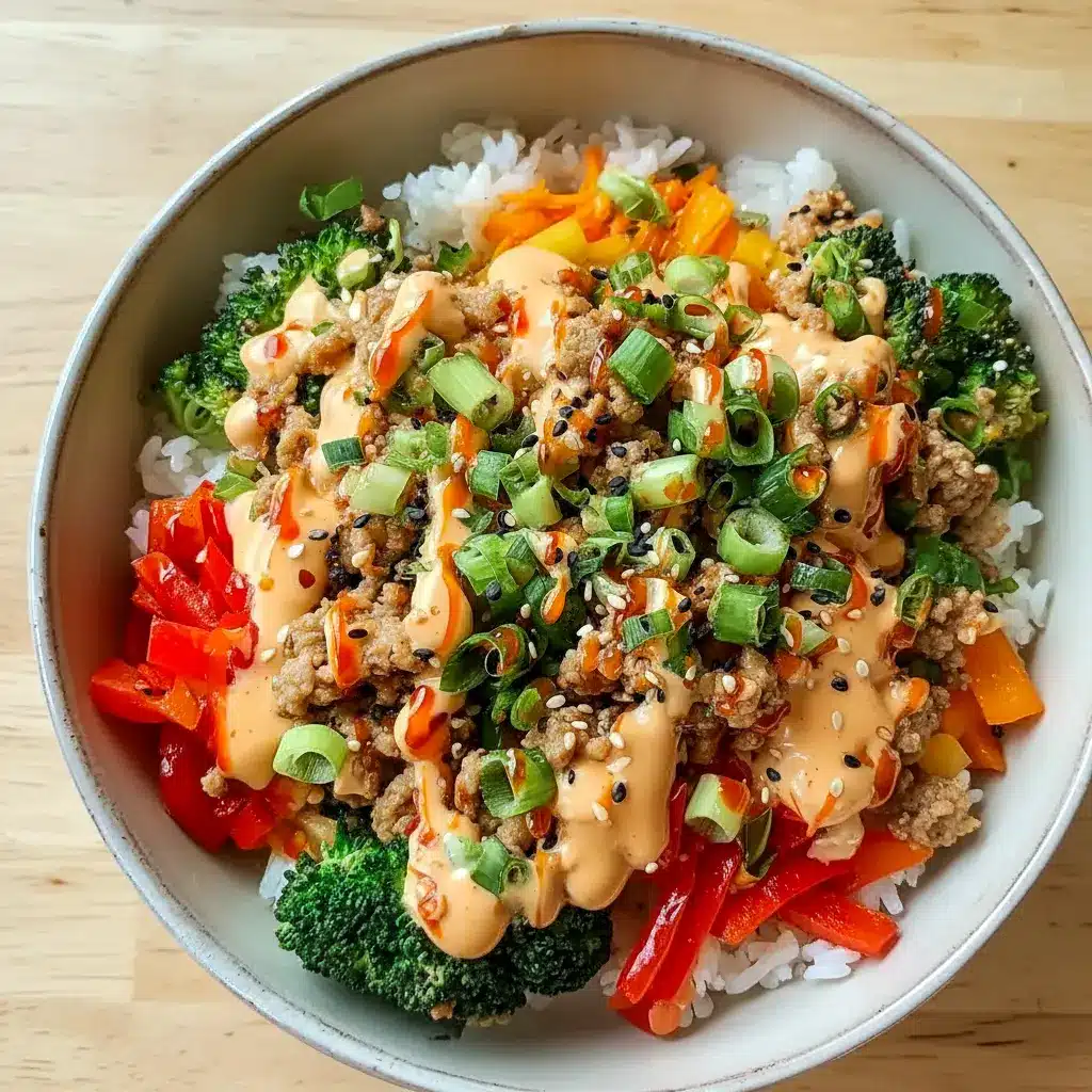 Colorful Ground Turkey Meat Dinner Ideas featuring a vibrant Bang Bang Rice Bowl with seasoned turkey, broccoli, carrots, and jasmine rice, styled as a hearty High Protein Rice Bowl for easy weeknight meals.
