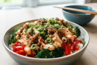 Addictive Ground Turkey Meat Dinner Ideas You’ll Crave2 Colorful Ground Turkey Meat Dinner Ideas featuring a vibrant Bang Bang Rice Bowl with seasoned turkey, broccoli, carrots, and jasmine rice, styled as a hearty High Protein Rice Bowl for easy weeknight meals.