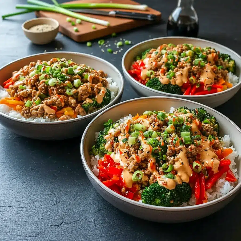 Colorful Ground Turkey Meat Dinner Ideas featuring a vibrant Bang Bang Rice Bowl with seasoned turkey, broccoli, carrots, and jasmine rice, styled as a hearty High Protein Rice Bowl for easy weeknight meals.