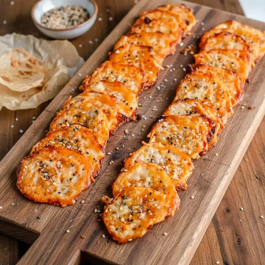 Close-up of golden Keto Cheese Snacks Easy everything bagel cheese chips baked until crisp, showcasing crunchy edges and seasoning — a savory low-carb snack inspired by Keto Snacks Chips and Keto Everything Bagel Chips.