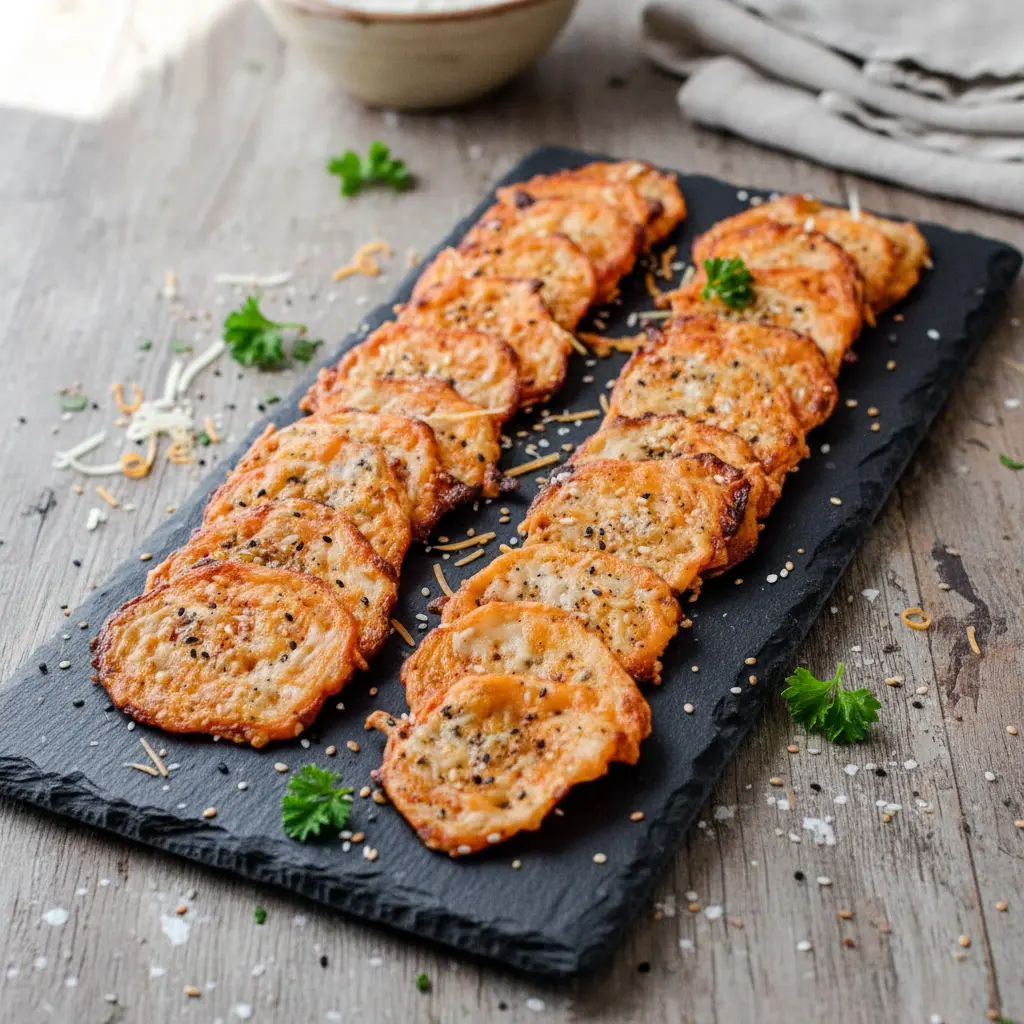 Close-up of golden Keto Cheese Snacks Easy everything bagel cheese chips baked until crisp, showcasing crunchy edges and seasoning — a savory low-carb snack inspired by Keto Snacks Chips and Keto Everything Bagel Chips.