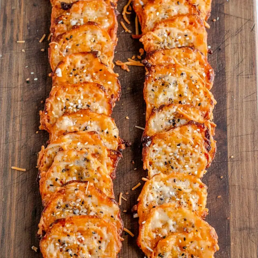 Close-up of golden Keto Cheese Snacks Easy everything bagel cheese chips baked until crisp, showcasing crunchy edges and seasoning — a savory low-carb snack inspired by Keto Snacks Chips and Keto Everything Bagel Chips.