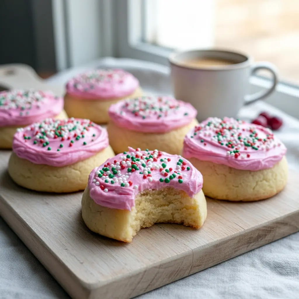 A stack of soft Keto Sugar Cookies Almond Flour topped with creamy pink Keto Cookie Frosting, showing thick, pillowy Low Carb Sugar Cookies with smooth, spreadable Keto Icing For Cookies on top.