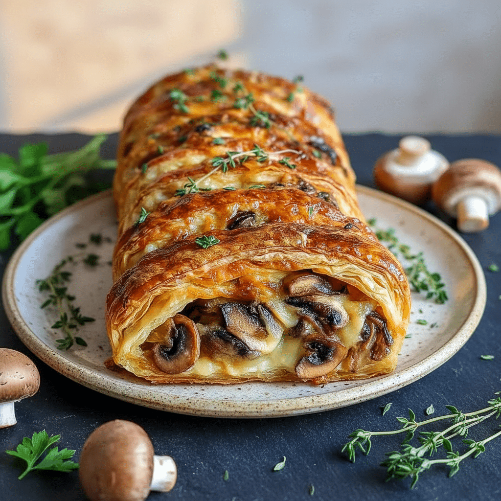 Golden braided Savory Mushroom Puff Pastry filled with creamy mushrooms and cheese, sliced to reveal a rich Creamy Mushroom Puff Pastry Braid center.