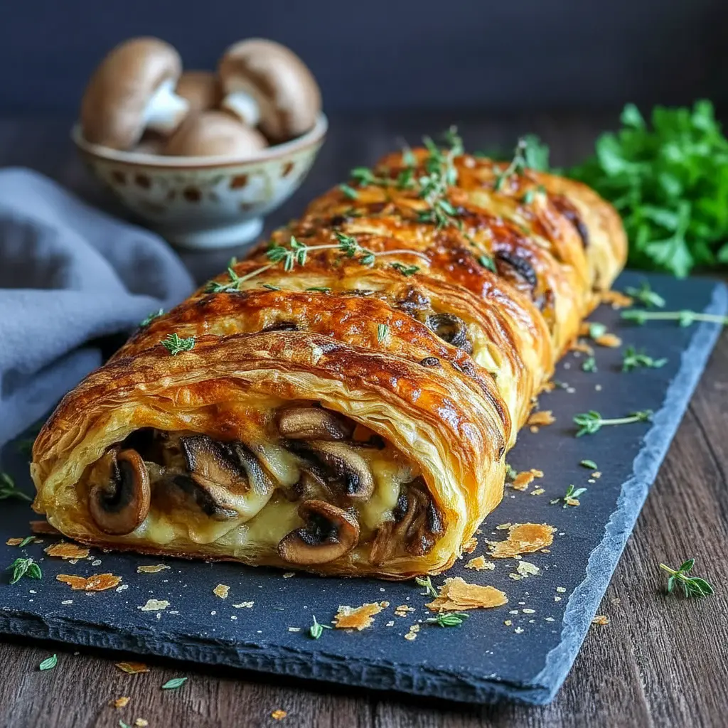 Golden braided Savory Mushroom Puff Pastry filled with creamy mushrooms and cheese, sliced to reveal a rich Creamy Mushroom Puff Pastry Braid center.