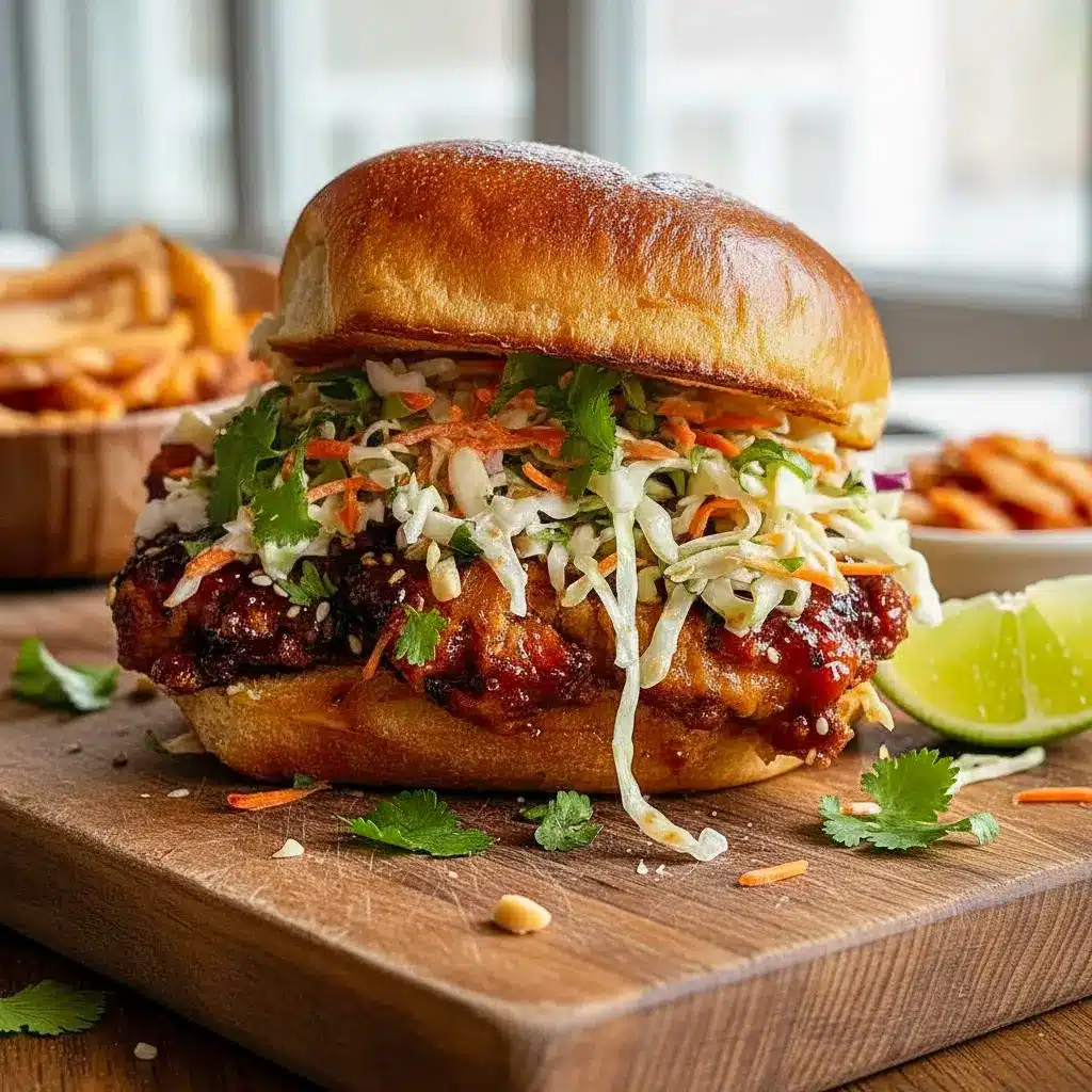 A towering Spicy Sandwich filled with glossy Korean Bbq Chicken, sliced Marinated Chicken Thighs, crisp slaw, and sesame seeds on a toasted bun, a bold twist on a Bbq Chicken Sandwich perfect for fans of Spicy Korean flavors and hearty Chicken Sandwich Recipes.