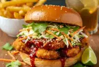 A towering Spicy Sandwich filled with glossy Korean Bbq Chicken, sliced Marinated Chicken Thighs, crisp slaw, and sesame seeds on a toasted bun, a bold twist on a Bbq Chicken Sandwich perfect for fans of Spicy Korean flavors and hearty Chicken Sandwich Recipes.