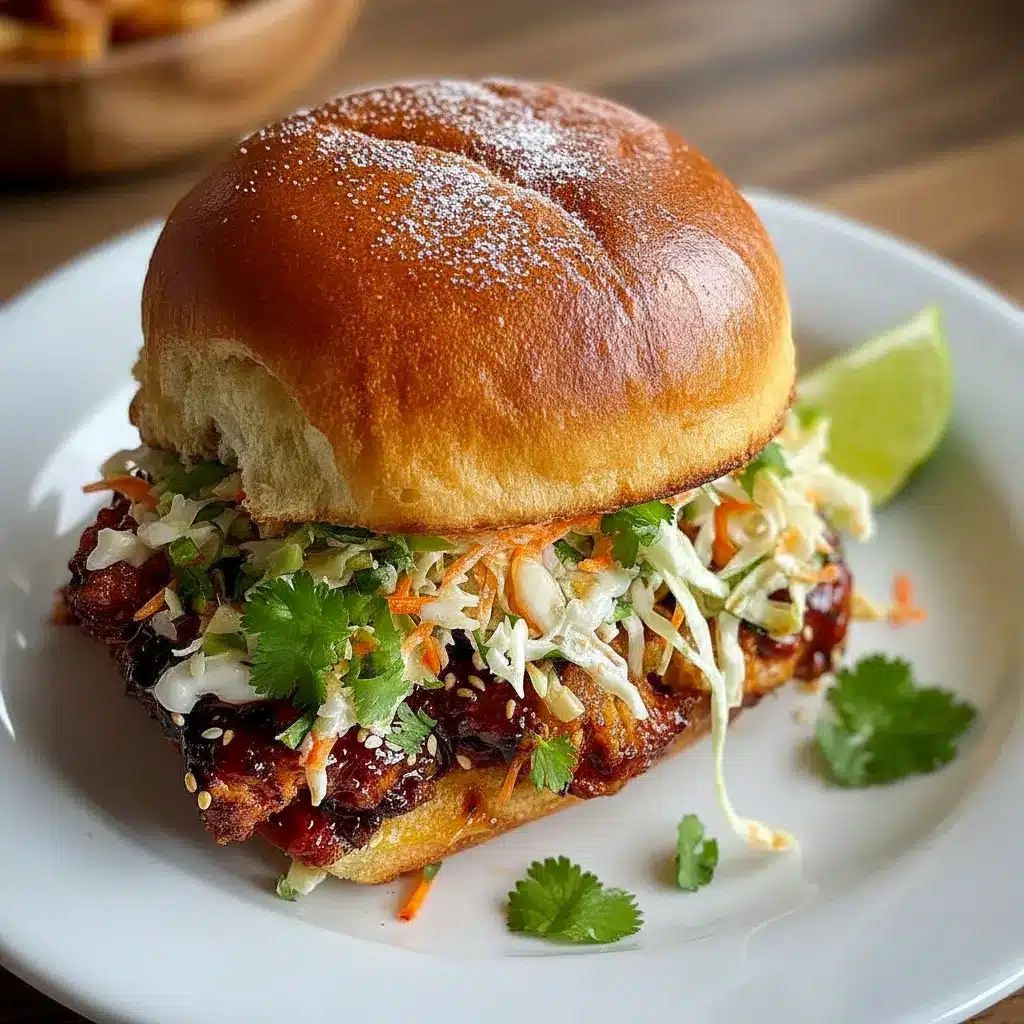A towering Spicy Sandwich filled with glossy Korean Bbq Chicken, sliced Marinated Chicken Thighs, crisp slaw, and sesame seeds on a toasted bun, a bold twist on a Bbq Chicken Sandwich perfect for fans of Spicy Korean flavors and hearty Chicken Sandwich Recipes.