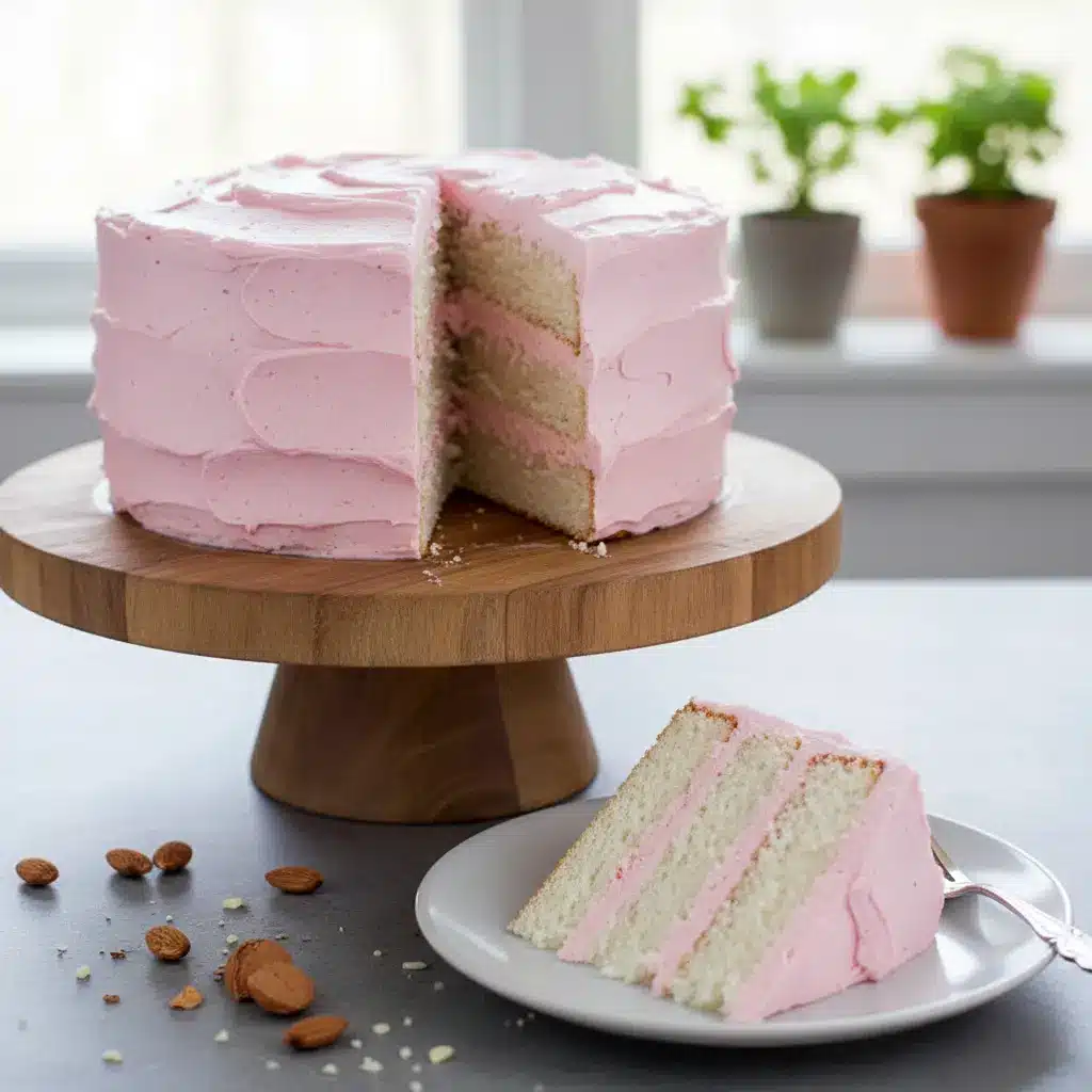 Elegant layered Almond White Cake with smooth buttercream frosting, showcasing tender crumb and classic White Cake With Almond Extract texture.