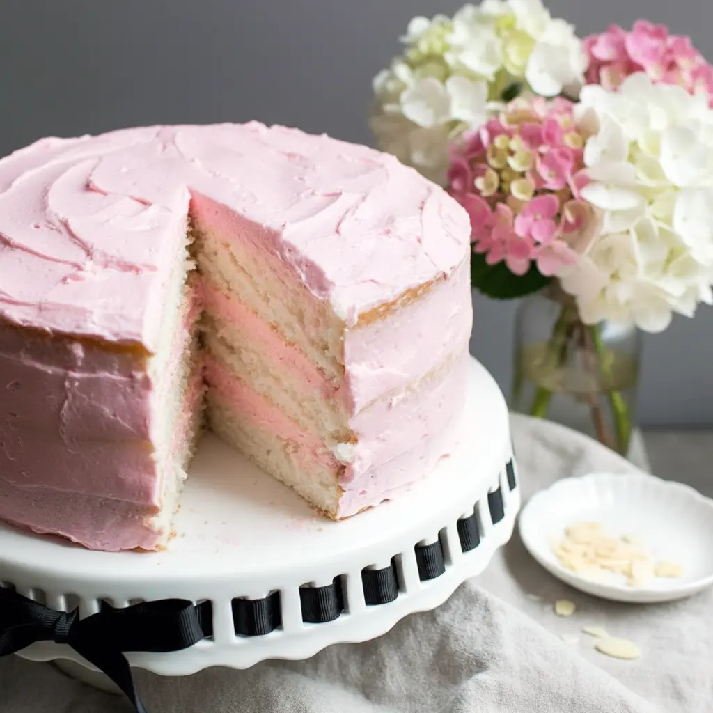 Elegant layered Almond White Cake with smooth buttercream frosting, showcasing tender crumb and classic White Cake With Almond Extract texture.