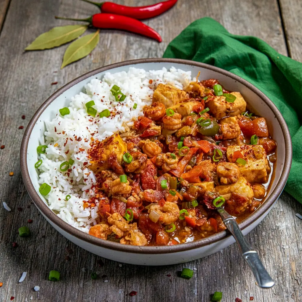 A hearty bowl of Creole Recipes Louisiana–inspired Couvillion Recipe, showcasing classic Creole Cooking with fish and crawfish simmered in a deep, flavorful Creole courtbouillon sauce.
