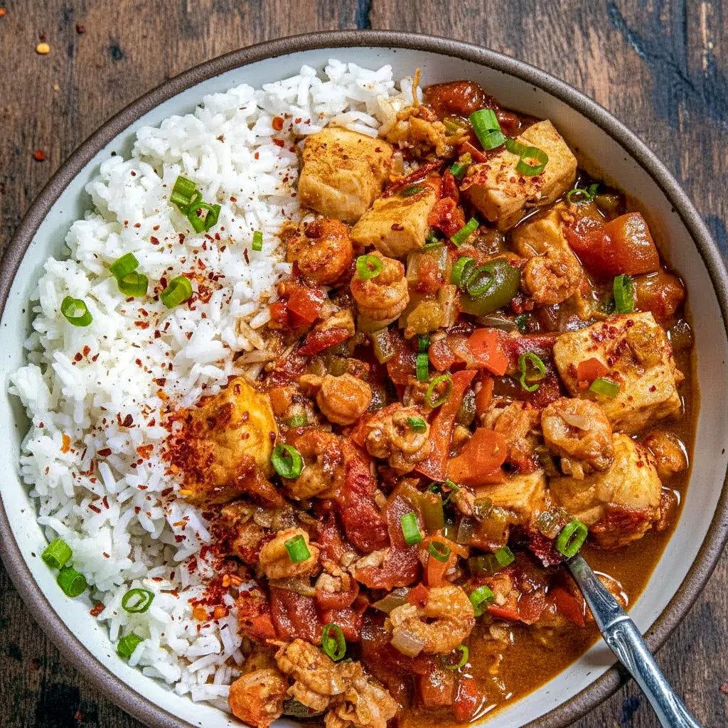 A hearty bowl of Creole Recipes Louisiana–inspired Couvillion Recipe, showcasing classic Creole Cooking with fish and crawfish simmered in a deep, flavorful Creole courtbouillon sauce.