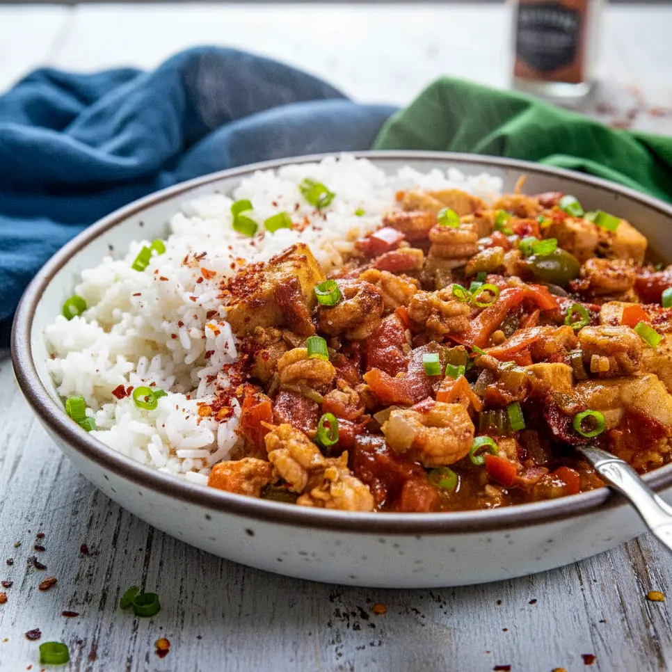 A hearty bowl of Creole Recipes Louisiana–inspired Couvillion Recipe, showcasing classic Creole Cooking with fish and crawfish simmered in a deep, flavorful Creole courtbouillon sauce.