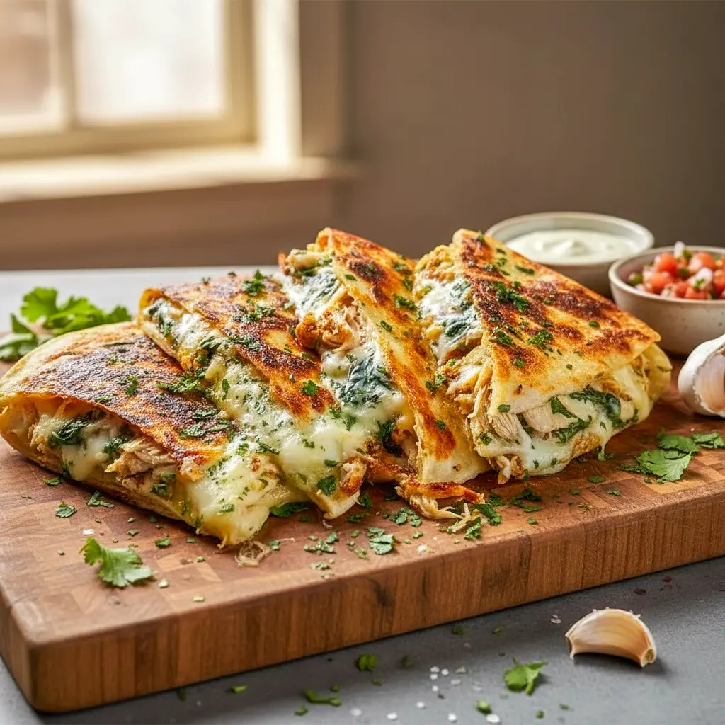 Chicken Wraps filled with baked Garlic Chicken, melted cheese, and herbs wrapped in golden tortillas, served as an easy homemade dinner idea.