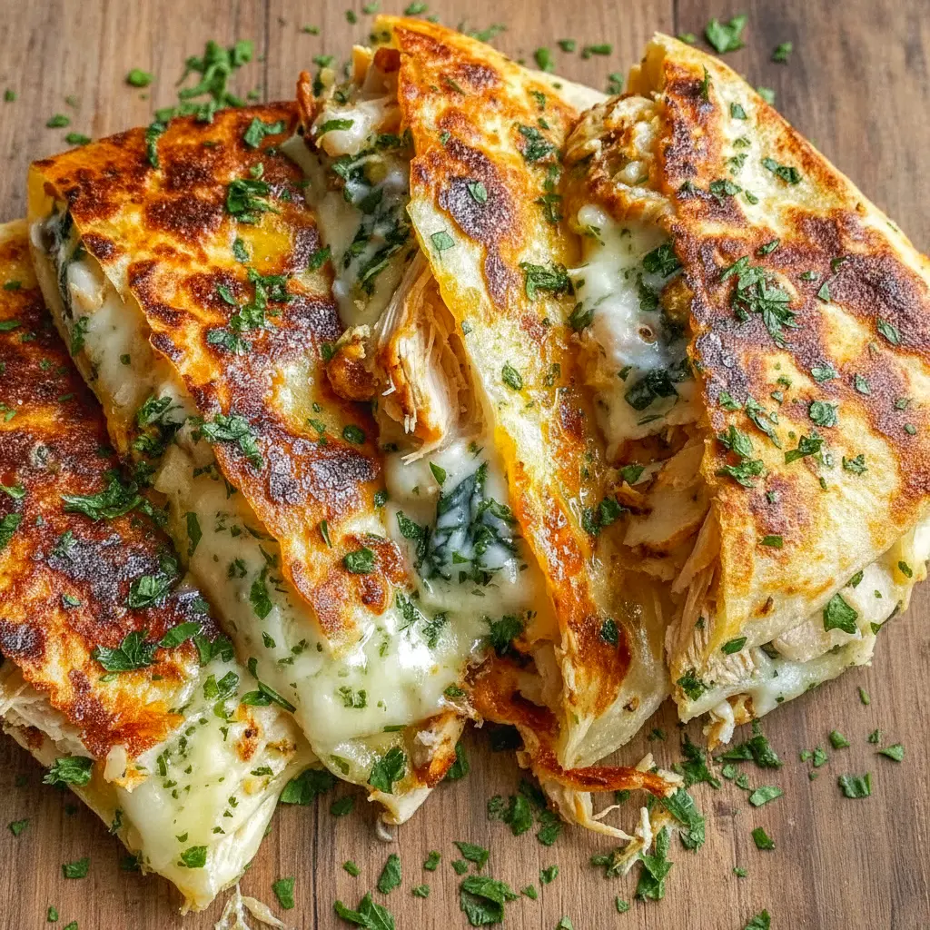 Chicken Wraps filled with baked Garlic Chicken, melted cheese, and herbs wrapped in golden tortillas, served as an easy homemade dinner idea.